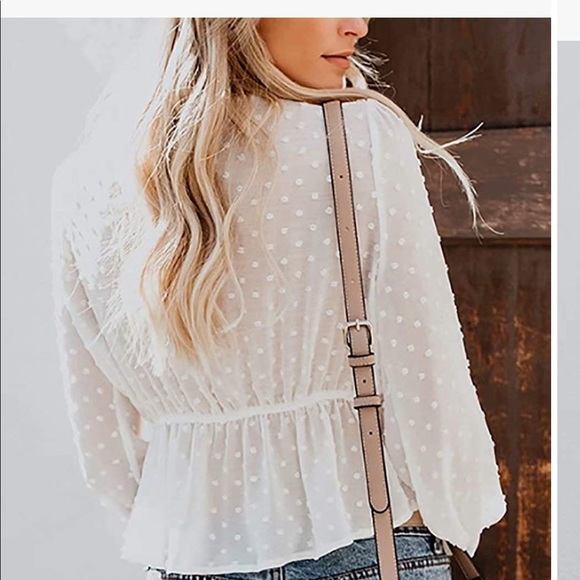 Tie Knot Crop Top Long Sleeve Neck Ruffle Chiffon - Picture 2 of 3